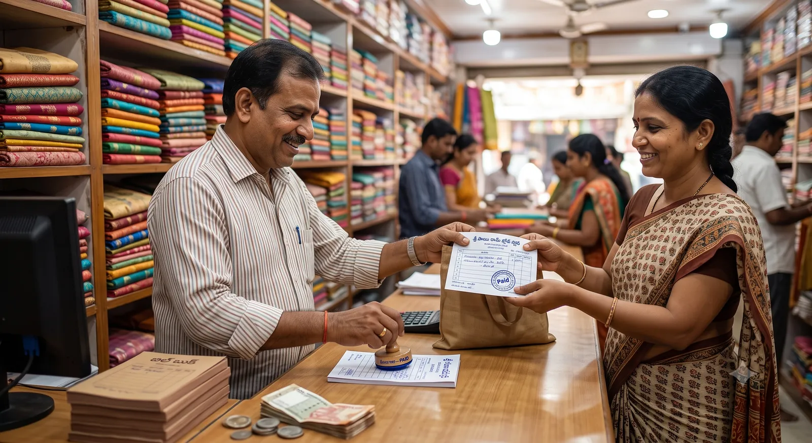 Shopkeeper stamping a customer's bill from a printed duplicate bill book at a shop counter
