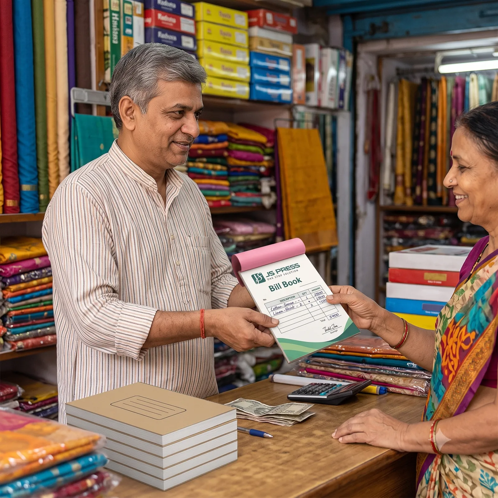 Customer receiving a carbonless bill book receipt, with a stack of printed bill books on the counter