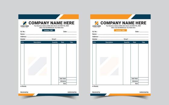 Invoice and bill book page layout templates with itemised billing columns